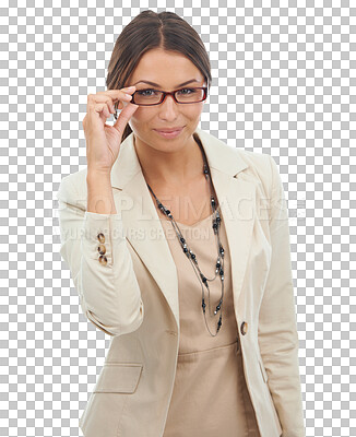 Buy stock photo Professional, glasses and portrait of business woman on png for manager, corporate and pride. Vision, empowerment and career with female employee isolated on transparent background for confidence