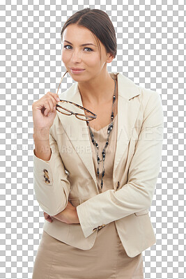 Buy stock photo Thinking, glasses and portrait of business woman with an idea or decision isolated in a transparent or png background. Contemplation, confident and smart corporate employee with decision and choice