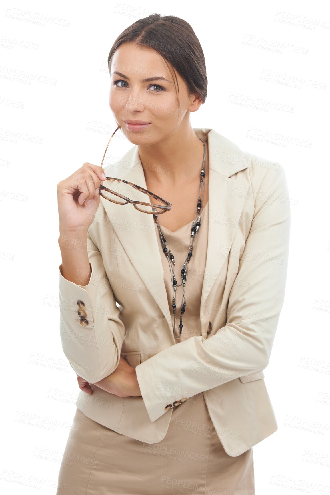 Buy stock photo Thinking, glasses and portrait of business woman with an idea or decision isolated in a transparent or png background. Contemplation, confident and smart corporate employee with decision and choice