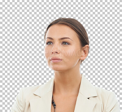 Buy stock photo Business, woman and vision with thinking for career in png or isolated and transparent background. Serious, dream and face with professional female or entrepreneur with confidence for work in future.