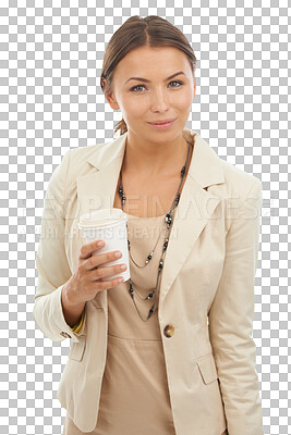 Buy stock photo Business woman, portrait and coffee for caffeine standing isolated on a transparent PNG background. Happy female person or employee with travel mug, tea or warm beverage for drink, wakeup or warmth