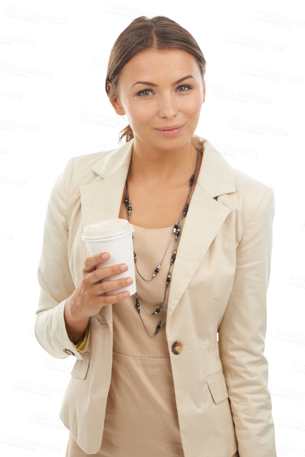 Buy stock photo Business woman, portrait and coffee for caffeine standing isolated on a transparent PNG background. Happy female person or employee with travel mug, tea or warm beverage for drink, wakeup or warmth