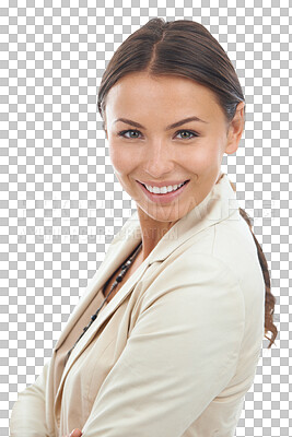 Buy stock photo Business, portrait of happy woman and empowerment for women isolated on transparent png background. Confident smile on face, corporate administration career and executive businesswoman in management.