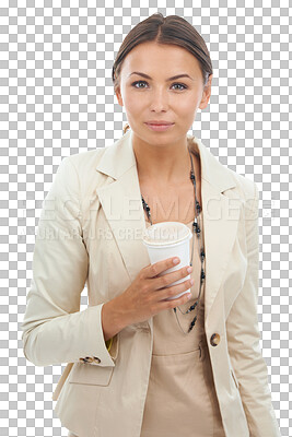 Buy stock photo Business, portrait and young woman with coffee on isolated, transparent and png background. Tea, break and face of female manager drinking beverage confident, young and ambitious, satisfied and calm