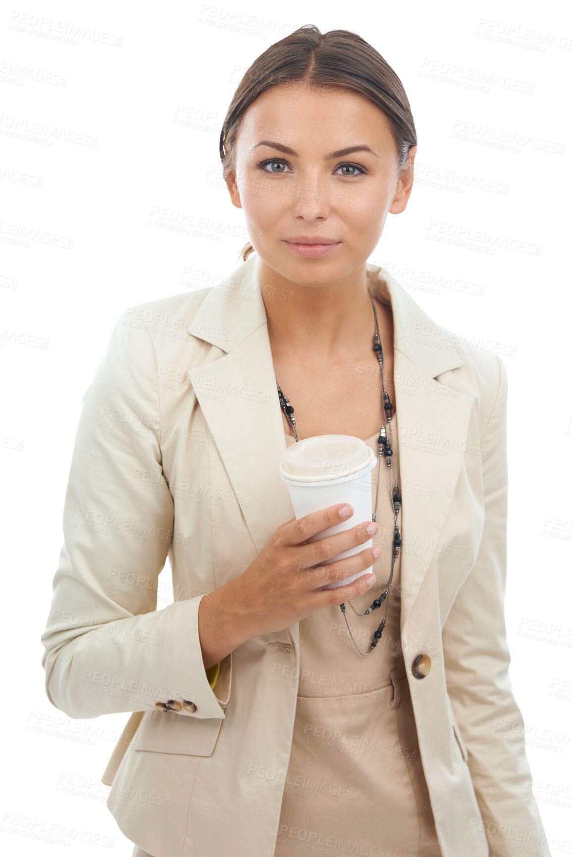 Buy stock photo Business, portrait and young woman with coffee on isolated, transparent and png background. Tea, break and face of female manager drinking beverage confident, young and ambitious, satisfied and calm