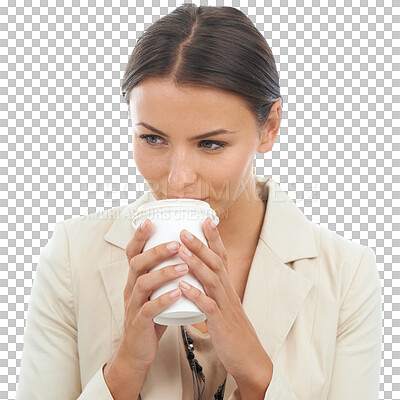 Buy stock photo Coffee cup drink, face and business woman with matcha, espresso or delicious cappuccino, tea or latte. Relax, thinking and corporate person drinking beverage isolated on transparent, png background