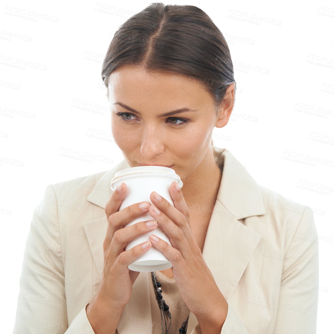 Buy stock photo Coffee cup drink, face and business woman with matcha, espresso or delicious cappuccino, tea or latte. Relax, thinking and corporate person drinking beverage isolated on transparent, png background