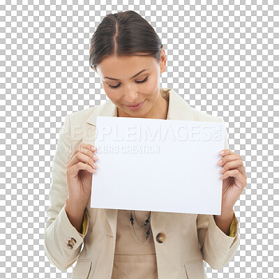 Buy stock photo Business woman, poster mockup with information and advertising presentation isolated on transparent png background. Corporate news, female worker with billboard and marketing brand with logo design