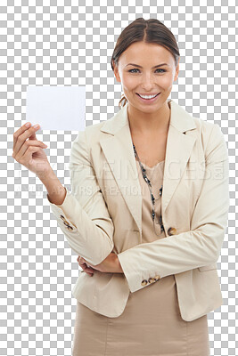 Buy stock photo Business woman, poster mockup with information and marketing presentation isolated on transparent png background. Corporate news, female worker with billboard and advertising brand with about us