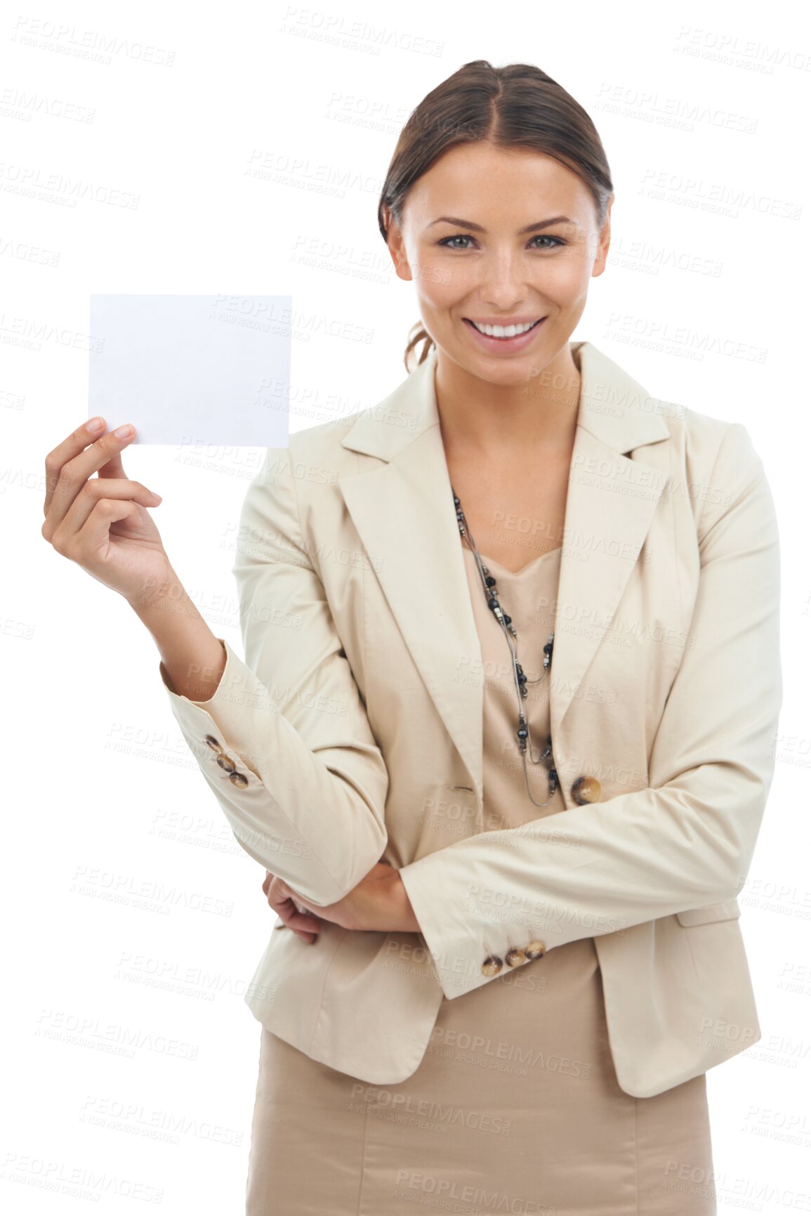 Buy stock photo Business woman, poster mockup with information and marketing presentation isolated on transparent png background. Corporate news, female worker with billboard and advertising brand with about us