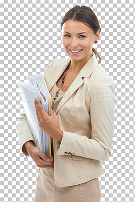 Buy stock photo Business, woman and portrait with files is happy in png or isolated and transparent background with secretary, Documents, smile and professional female with positive mindset or pride in startup.