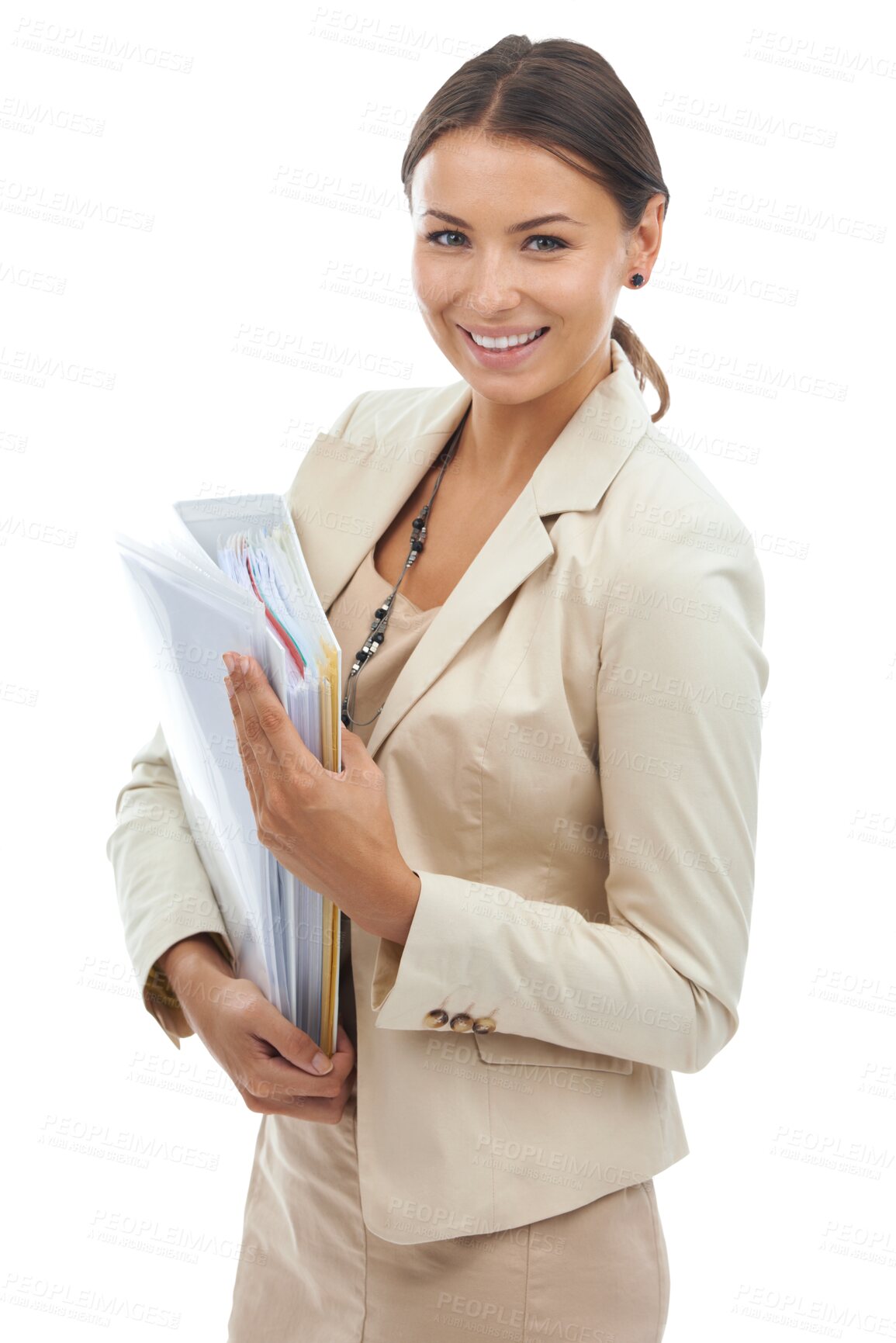 Buy stock photo Business, woman and portrait with files is happy in png or isolated and transparent background with secretary, Documents, smile and professional female with positive mindset or pride in startup.