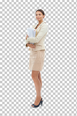 Buy stock photo Paperwork, thinking and professional woman teacher with document isolated in a transparent or png background. Worker, professor and education employee at a university or college with notebook