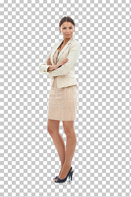 Buy stock photo Business woman, arms crossed and portrait with professional mindset and lawyer with ambition on transparent png background. Confident, empowerment and female employee, corporate and law career