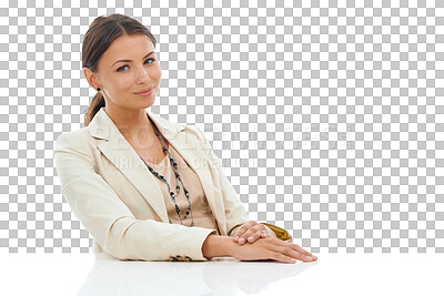 Buy stock photo Portrait, office desk and confident happy woman, corporate agent or receptionist for administration work. Career smile, secretary experience or business person isolated on transparent, png background