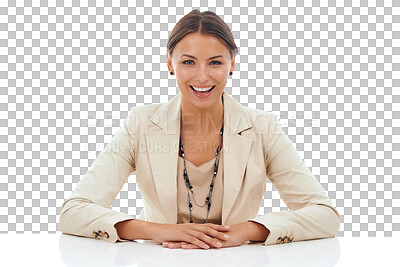 Buy stock photo Portrait, smile and happy professional woman, HR manager or interview hiring agent happy for workplace welcome. Human resources, confidence and female worker isolated on transparent, png background