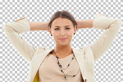 Buy stock photo Relax portrait, finished and happy woman, business agent or receptionist smile for corporate work. Admin career, professional face or easy person done with job isolated on transparent, png background