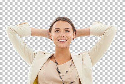 Buy stock photo Relax, finished and business woman, happy agent or manager smile for wellness, mindset or stretching. Career, professional face and easy person done with job isolated on transparent, png background