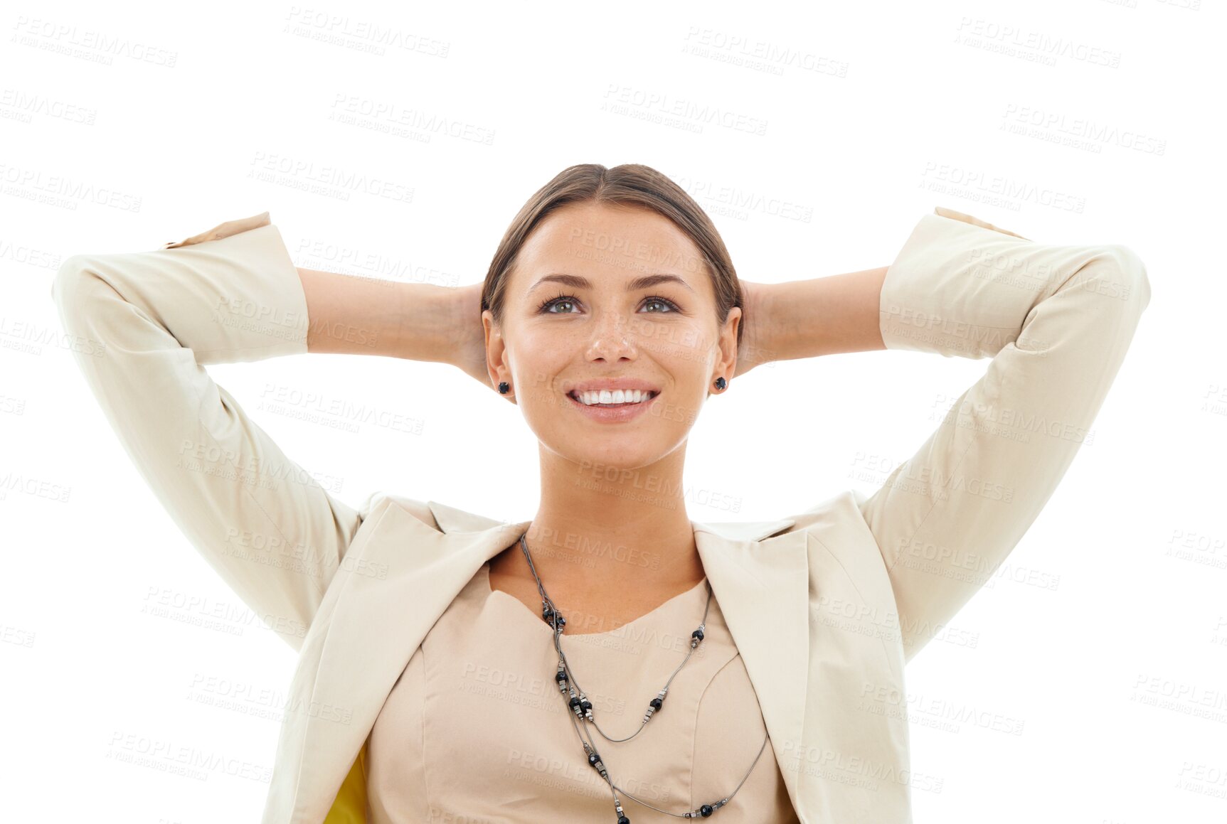 Buy stock photo Relax, finished and business woman, happy agent or manager smile for wellness, mindset or stretching. Career, professional face and easy person done with job isolated on transparent, png background