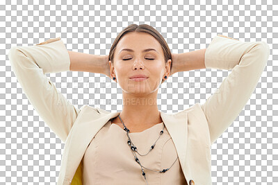 Buy stock photo Relax, finish and business woman, calm attorney or law advocate rest for wellness, mindset or stretching. Eyes closed, easy face or female lawyer done with job isolated on transparent, png background