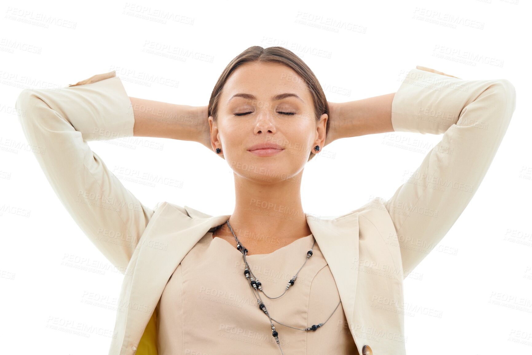 Buy stock photo Relax, finish and business woman, calm attorney or law advocate rest for wellness, mindset or stretching. Eyes closed, easy face or female lawyer done with job isolated on transparent, png background