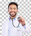 Happy asian man, doctor and portrait with stethoscope for healthcare cardiology against a white studio background. Male medical professional with smile for checkup, heart beat or life insurance