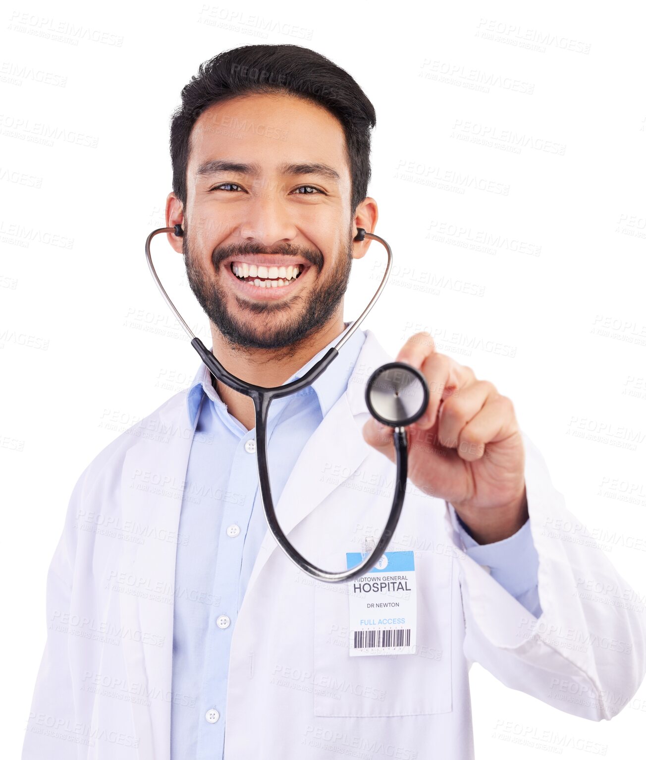 Buy stock photo Happy, doctor and portrait of Asian man with stethoscope on isolated, png and transparent background. Healthcare, hospital and male health worker with equipment for cardiology, medical care and exam