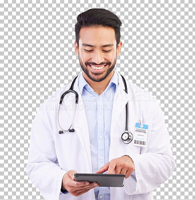 Buy stock photo Doctor, asian man and reading on tablet for information in png or transparent and isolated background. Research, smile and medical professional with tech or online app for communication is happy.