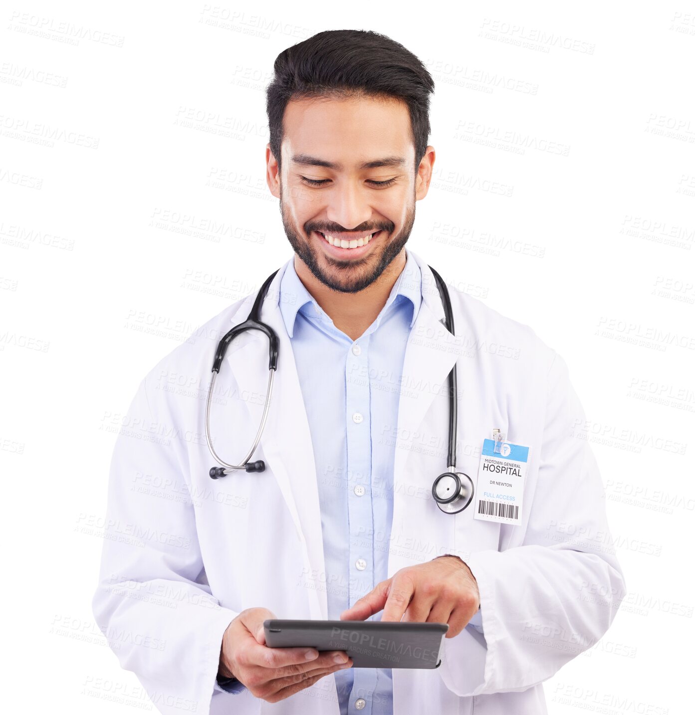 Buy stock photo Doctor, asian man and reading on tablet for information in png or transparent and isolated background. Research, smile and medical professional with tech or online app for communication is happy.