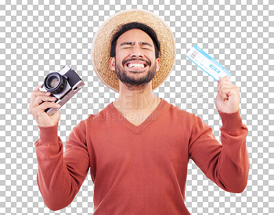 Buy stock photo Travel, celebration and man with ticket, camera and or passport on isolated, png and transparent background. Excited, tourism and happy male person with document for adventure, holiday and vacation