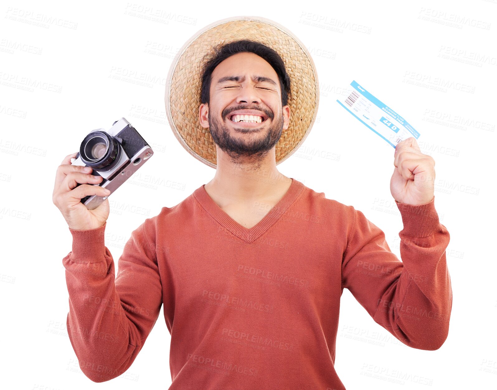 Buy stock photo Travel, celebration and man with ticket, camera and or passport on isolated, png and transparent background. Excited, tourism and happy male person with document for adventure, holiday and vacation