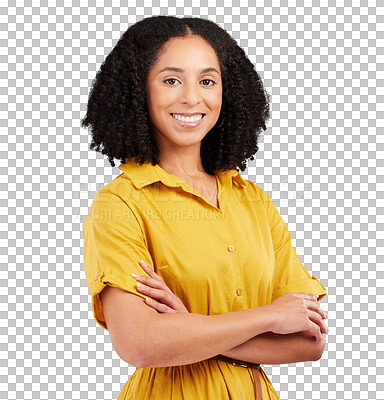 Buy stock photo Smile, arms crossed and portrait of business woman on png for creative, designer and professional. Happy, empowerment and pride with female employee isolated on transparent background for startup