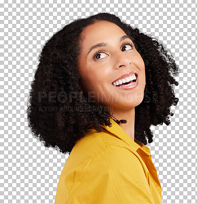 Buy stock photo Thinking, happiness and face of woman excited for plan, problem solving or idea inspiration, memory or day dream. Planning, brainstorming and person smile isolated on transparent, png background