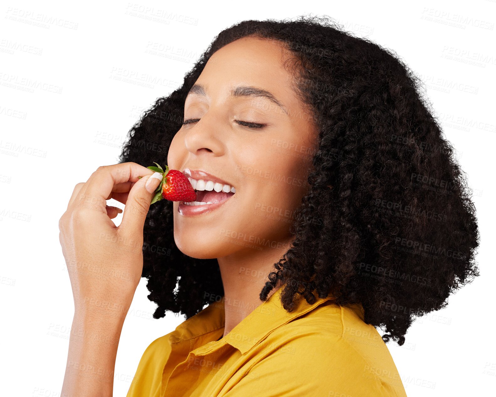 Buy stock photo Fruit, eating strawberry and face of woman for natural nutrition, diet and healthy food on transparent background. PNG, isolated and happy female with organic fruit for health, detox and wellness