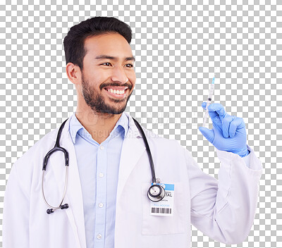 Buy stock photo Healthcare, happy and doctor with vaccine, syringe and needle on isolated, png and transparent background. Healthcare, hospital and of man health worker with medicine, medical shot and injection