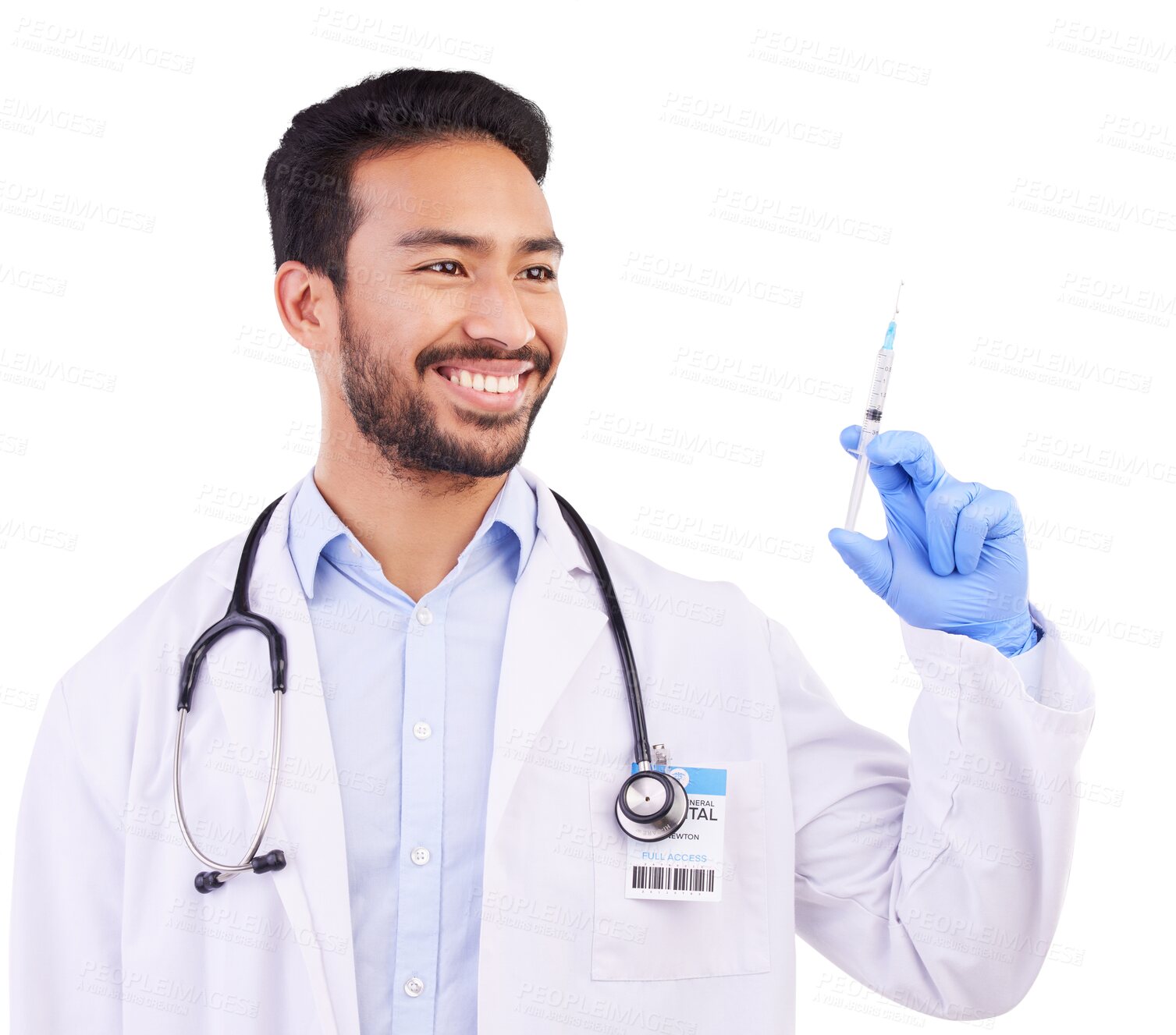 Buy stock photo Healthcare, happy and doctor with vaccine, syringe and needle on isolated, png and transparent background. Healthcare, hospital and of man health worker with medicine, medical shot and injection