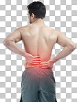 Injury, back pain or man in studio with spine or hurt body problem after training isolated on studio background. Back view, red glow or person with muscle tension, body crisis or emergency accident