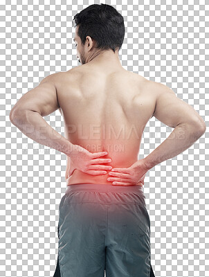 Injury, back pain or man in studio with spine or hurt body problem after training isolated on studio background. Back view, red glow or person with muscle tension, body crisis or emergency accident