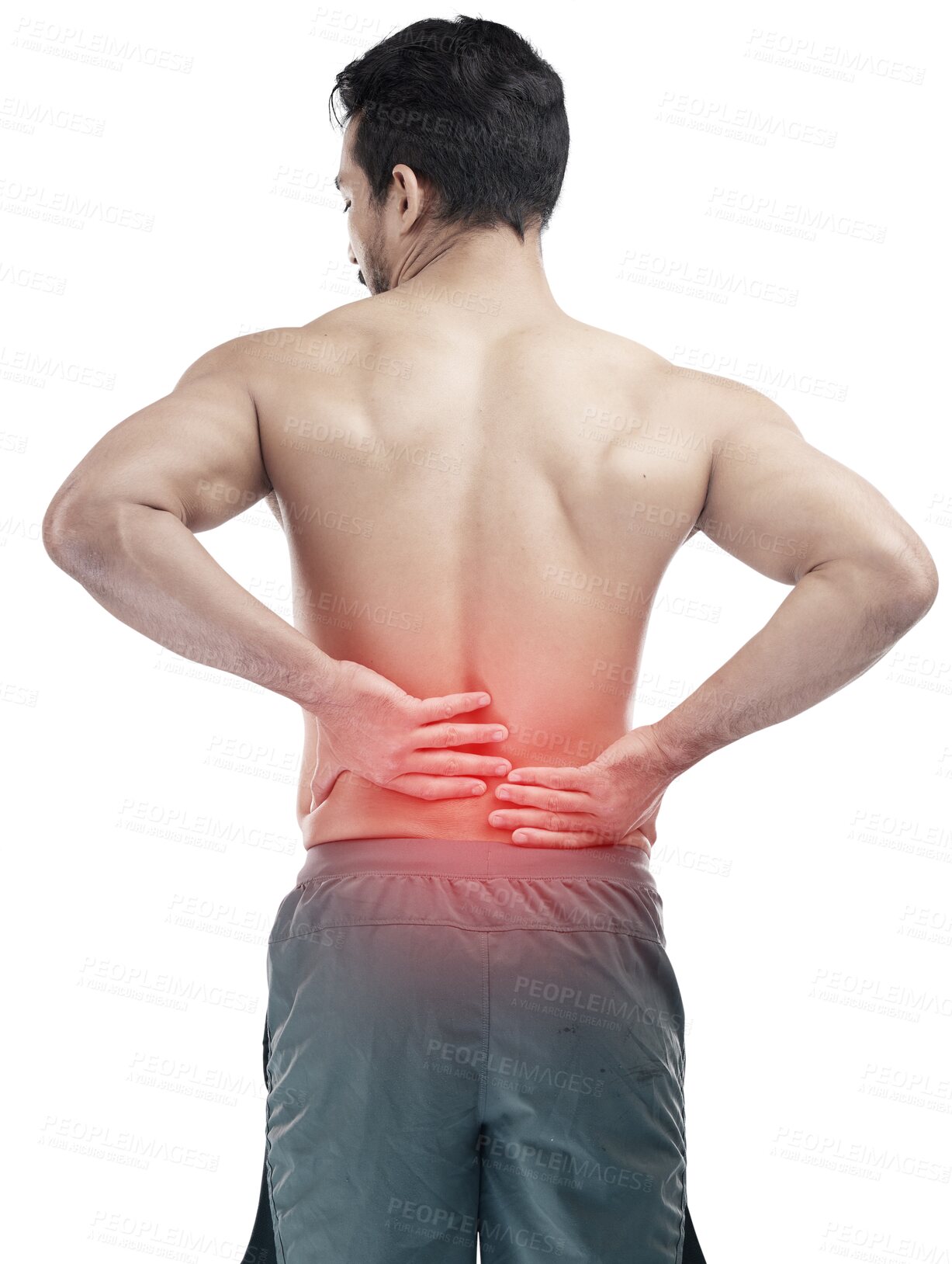 Buy stock photo Hands, back pain or man with spine injury or hurt body problem after training isolated on png background. Transparent, red glow or injured person with muscle tension, crisis or emergency accident 