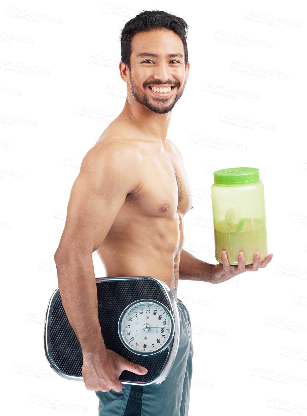 Buy stock photo Portrait, man and scale with protein shake for lose weight, diet and fitness or gym health isolated on transparent png background. Muscle, progress and athlete with powder, supplement and body goals