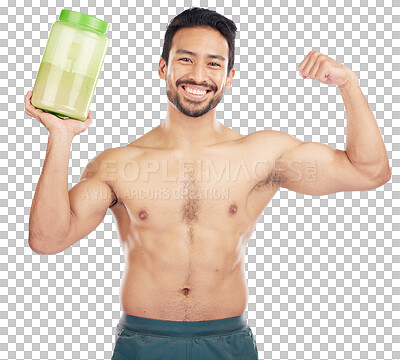 Buy stock photo Protein shake, portrait and strong man for fitness, muscle and bodybuilder diet, gym and training. Asian person, energy drink and sports or exercise nutrition isolated on transparent, png background