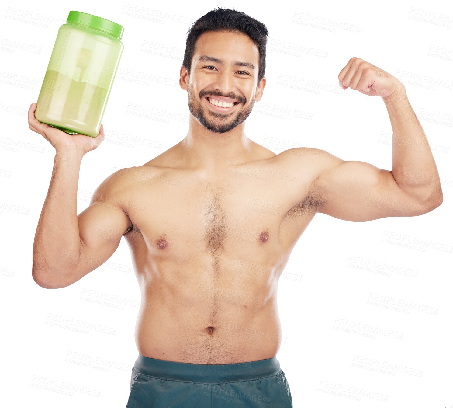 Buy stock photo Protein shake, portrait and strong man for fitness, muscle and bodybuilder diet, gym and training. Asian person, energy drink and sports or exercise nutrition isolated on transparent, png background