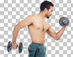 Fitness, studio or strong man training with dumbbells for powerful arms, biceps growth or muscles development. Wellness, motivation or healthy bodybuilder in exercise or workout with focus or goals
