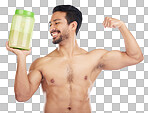 Fitness, man and protein powder for muscle gain, diet and weight