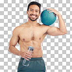 Fitness, water bottle and medicine ball with a sports man in studio for health or natural body. Portrait, face and exercise with a male athlete training for a healthy lifestyle with gym equipment