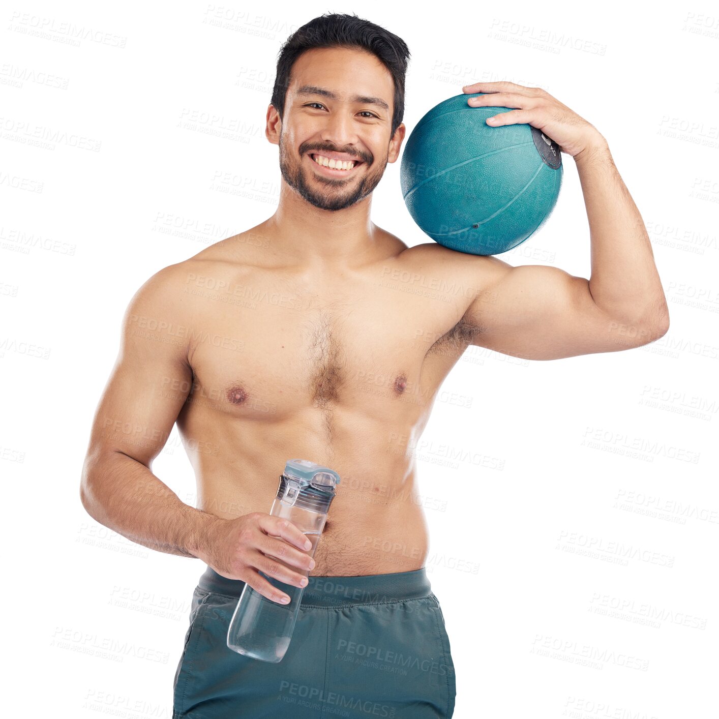 Buy stock photo Portrait, water and ball with an athlete man isolated on a transparent background for health or wellness. Fitness, smile and body with a happy young male athlete on PNG for exercise or training