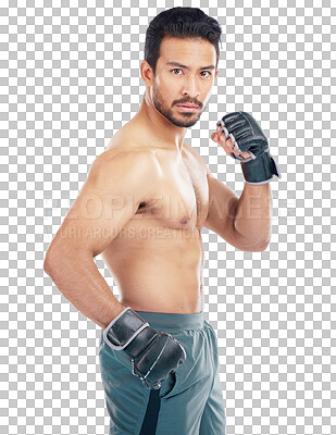 Buy stock photo Man, workout portrait and boxing or MMA, martial arts and body training isolated on transparent png background. Fight, focus and fist of athlete, sports model or asian person, gym fitness or exercise