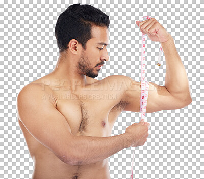 Buy stock photo Fitness, exercise and man with tape measure for muscle wellness, workout and training. Strong Asian male bodybuilder or athlete with arm or bicep growth goal isolated on a transparent, png background