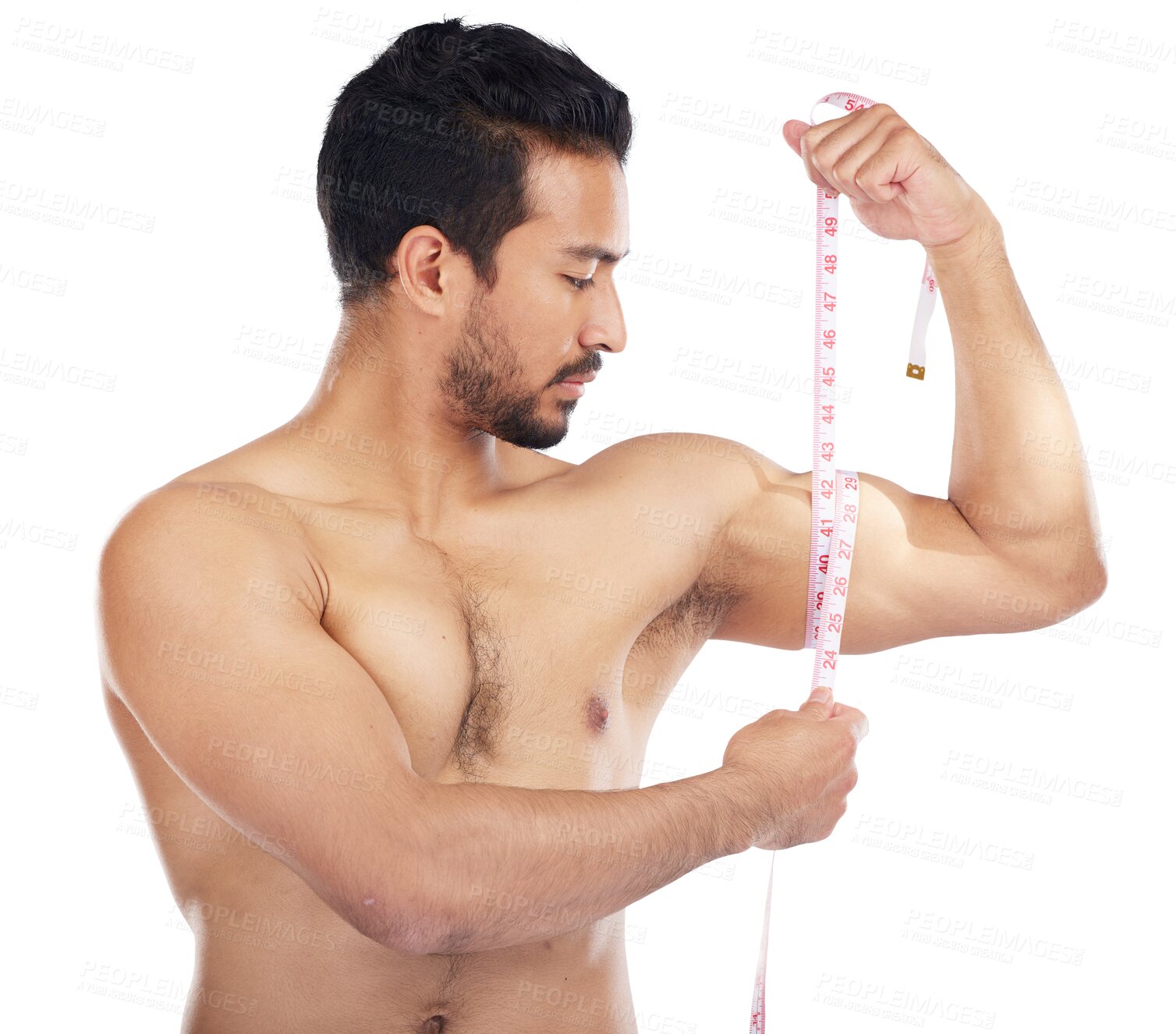 Buy stock photo Fitness, exercise and man with tape measure for muscle wellness, workout and training. Strong Asian male bodybuilder or athlete with arm or bicep growth goal isolated on a transparent, png background