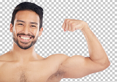 Portrait, fitness or man in studio to flex muscle or strong arms